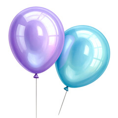 Two shiny, glossy balloons, one purple and one blue, with reflective highlights, floating
