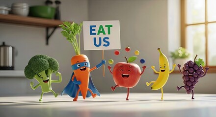 Vibrant fruit and vegetable characters, a superhero carrot leading, holding an "Eat us" sign. They joyfully promote proper nutrition and healthy eating choices on a bright kitchen counter.