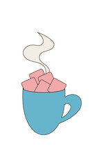 Groovy blue cup and pink marshmallow in cartoon graphic style create a cute, fun, playful sticker. Retro and colorful element brings retro charm for groovy element art or pop label decor.