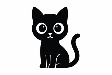 Cute cartoon black cat with big round eyes sitting and looking forward isolated on white background