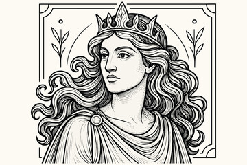 Elegant black and white illustration of a regal woman wearing a crown and flowing hair