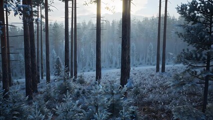 A Serene Snow-Covered Pine Forest Bathed in Soft Blue Hour Light - Powered by Adobe