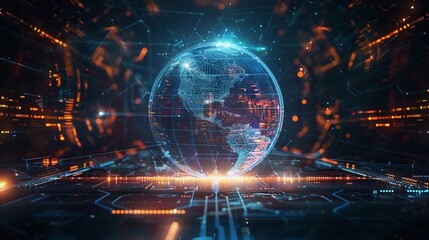 Obraz premium Digital globe illuminated by technology with data streams, symbolizing global connections and innovation in a futuristic landscape