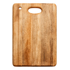 Fototapeta premium An old rectangular wooden cutting board with a handle and hanging hole is isolated on a black background showcasing its rich texture and wood grain