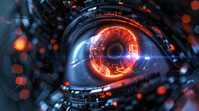 Futuristic robotic eye with intricate details, glowing circuits and vibrant colors, showcasing technology and innovation in a striking visual representation