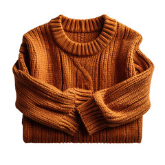 Folded, cozy, knitted sweater in a warm, rusty orange hue, isolated on a black background