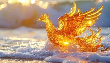Gleaming golden sculpture of a mythical bird with outstretched wings emerging from foamy ocean waves illuminated by warm sunlight, creating a dreamy and ethereal atmosphere with sparkling highlights.