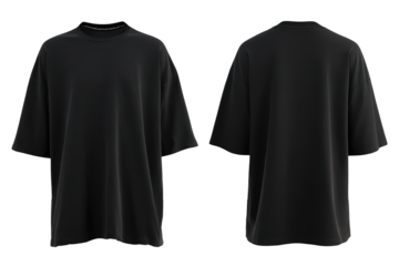 A front and back view of a blank oversized black t-shirt perfect for apparel mockups or showcasing fashion designs, isolated on transparent background, perfect cutout, PNG