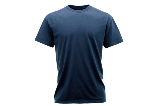 A classic dark blue crewneck t-shirt shown on an invisible mannequin against a stark black background for a clean product shot, isolated on transparent background, perfect cutout, PNG
