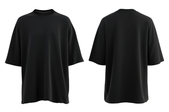 A front and back view of a blank oversized black t-shirt perfect for apparel mockups or showcasing fashion designs, isolated on transparent background, perfect cutout, PNG