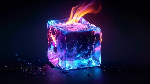 Glowing ice cube with flames against a dark background studio shot