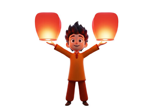 Joyful cartoon boy sending off glowing sky lanterns, celebrating traditions with hopeful aspirations and festive cheer, symbolising cultural heritage with glowing lights