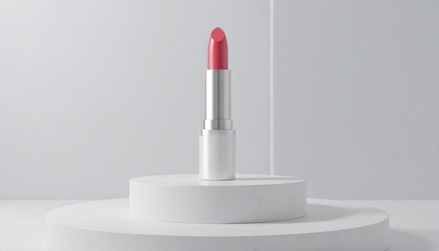 Shiny lipstick in a bright coral shade, with silver and white details, is displayed on a white round pedestal, set against a minimalist neutral backdrop; it conveys beauty and elegance in a modern ...