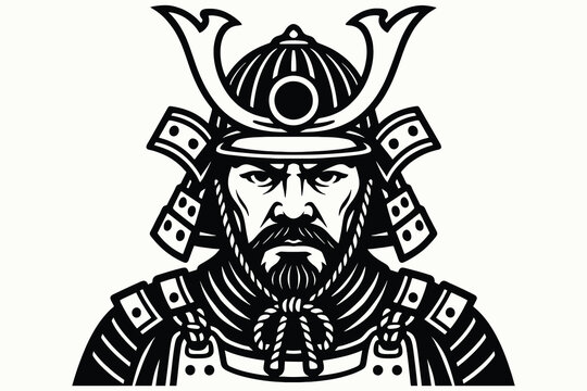 Intense samurai warrior portrait wearing traditional armor and helmet with fierce expression