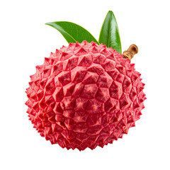 A vibrant, textured red lychee fruit with green leaves against a pure black backdrop