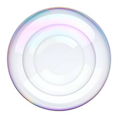Iridescent soap bubble, transparent, with concentric circles, floating against a black backdrop