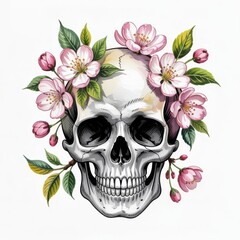 Watercolor Illustration of a Skull Adorned With Vibrant Flowers in a Peaceful Setting