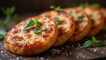 Slices of toasted bread topped with melted cheese and fresh basil leaves are arranged in a row on a wooden board, offering a delicious and inviting culinary composition that is ready to be enjoyed.