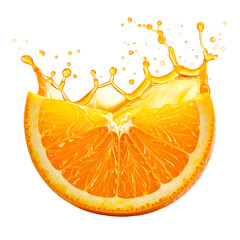 A juicy orange slice erupts in a splash of liquid against a black background