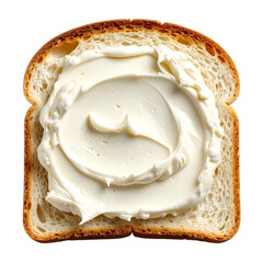A single slice of bread covered with a swirl of creamy, white spread. Isolated on black