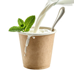 A paper cup overflows with milk, garnished with mint and a spoon against a black backdrop