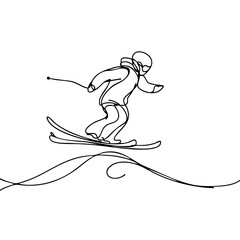 Fototapeta premium Freestyle skier soaring mid-air in smooth black line art, minimalistic design on a plain white background, concept of creativity and sport.