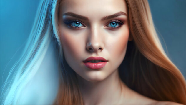 A portrait of a woman with captivating blue eyes, long blonde hair, and a soft, inviting expression, enhanced by subtle makeup