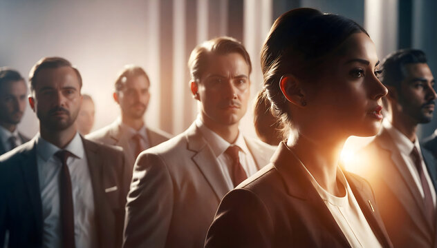 A group of serious individuals with focused expressions, likely in a business environment. The lighting creates a dramatic atmosphere