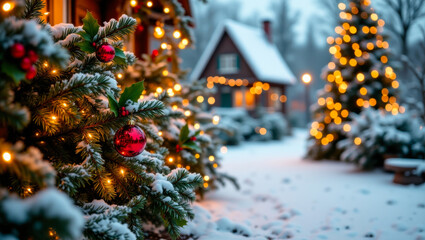 Festliche Winterlandschaft mit verschneiten Tannenbäumen, leuchtenden Kugeln und gemütlichem Haus im Abendlicht