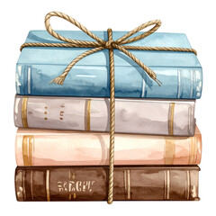 A stack of four watercolor books tied with natural twine, on a transparent background
