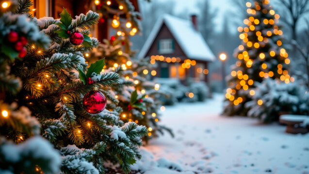 Festliche Winterlandschaft mit verschneiten Tannenbäumen, leuchtenden Kugeln und gemütlichem Haus im Abendlicht - Powered by Adobe