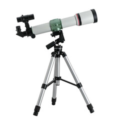 Telescope on a tripod against a black background, ready for stargazing