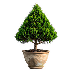 A small, cone-shaped evergreen in a weathered, round, light-brown pot against a black background