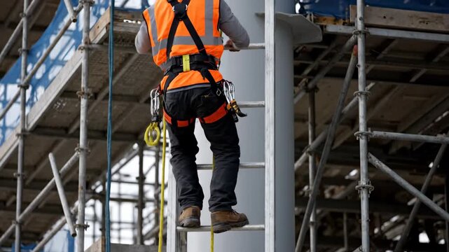 Construction worker ascending ladder wearing safety harness and hi-vis vest at site