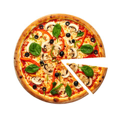 Overhead view of a delicious pizza with a slice removed, on a dark background