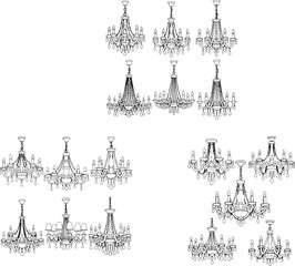 Ornate chandeliers with candle lights and crystal drops