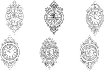 Ornate antique clocks with roman numerals decorative