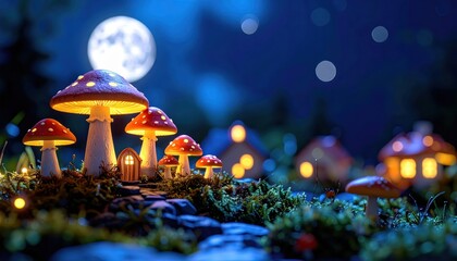 Glowing mushrooms with red caps and white spots illuminate a miniature fantasy village with tiny glowing houses under the soft glow of the full moon in a captivating nighttime scene.