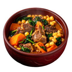 Hearty stew in a rustic bowl, with chickpeas, meat, carrots, and spinach, steamy