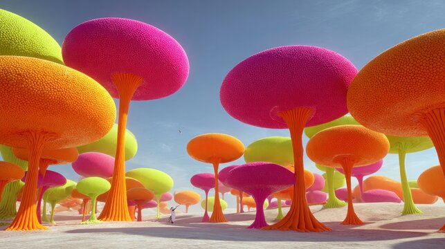 Colorful mushroom trees in a desert landscape