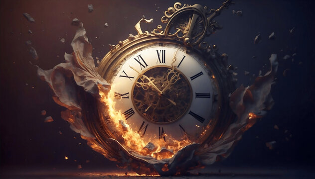 An antique pocket watch engulfed by flames, a symbol of time and history. The watch has intricate details and Roman numerals, set against a dark background, creating a dramatic and timeless image