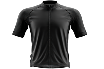 A sleek black short sleeved cycling jersey with textured shoulder panels and a full length zipper presented as a product mockup against a solid black background