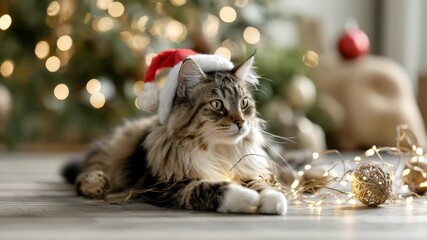 A fluffy brown tabby cat wearing a Santa hat lies on a wooden floor surrounded by Christmas lights and ornaments. A decorated tree is in the background. - Powered by Adobe