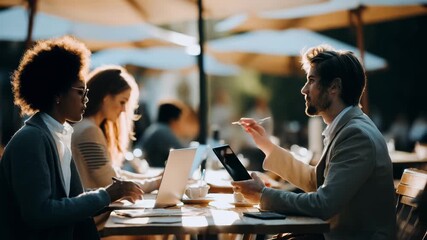 Three people working on laptops at an outdoor café. A young Black woman with curly hair, a young Caucasian woman with long hair, and a young Caucasian man with short hair are focused on their devices. - Powered by Adobe