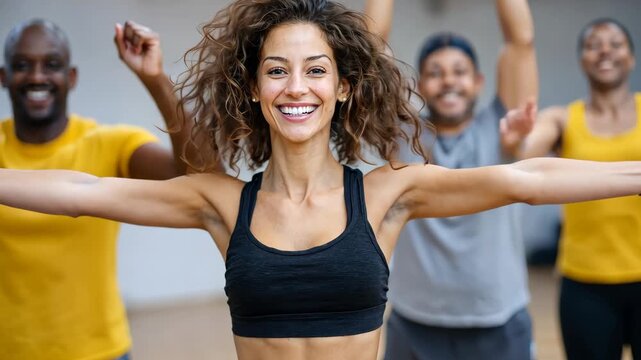 Energetic group dance with joyful expressions and dynamic movements