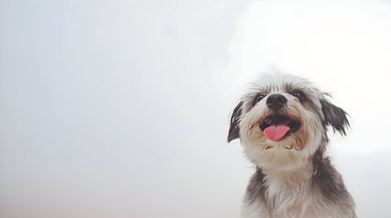 A joyful and energetic puppy sits in a professional studio setting, its tongue playfully sticking out as it looks directly at the camera