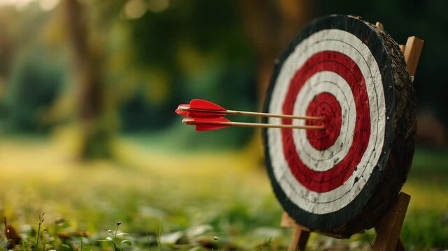 A wooden archery target with two red arrows embedded in the bullseye. The background features a blurred green forest and soft sunlight.