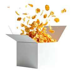 Crisp flakes cascade from a plain white box, filling it and floating mid-air