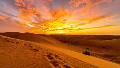 Golden hour illuminates the vast desert landscape, highlighting textured sand dunes with footprints leading towards the horizon.