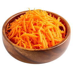 Finely grated orange carrots fill a rustic wooden bowl, isolated on black